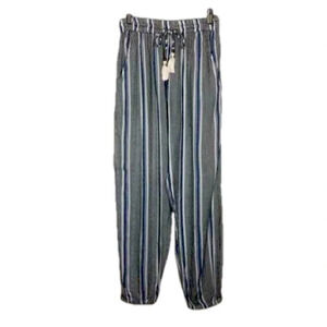Angie Boho  Striped Pants Blue White Black S Elastic Waistband Tassels Pockets